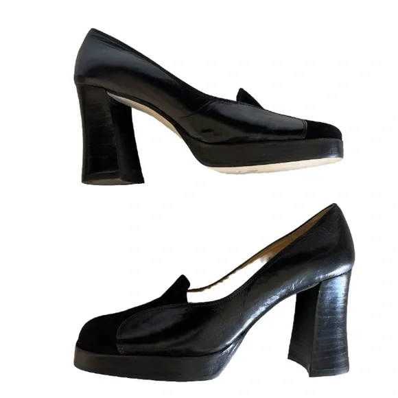 Y2K 90s Enzo Angiolini square toe suede leather black Platform Slip On 7 Retro - Picture 8 of 13